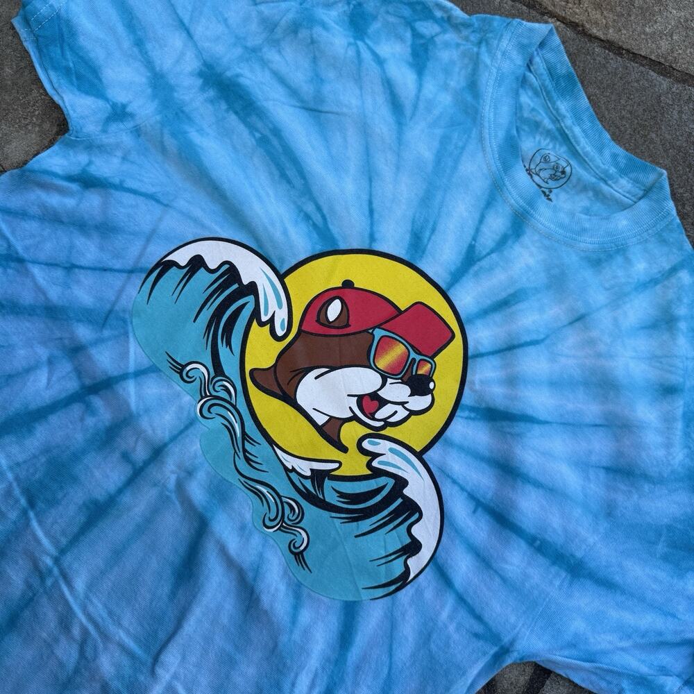 Bucees Shirt Medium Adult Blue Tie Dye Get the Party Started Texas Wave Beaver - Picture 4 of 9